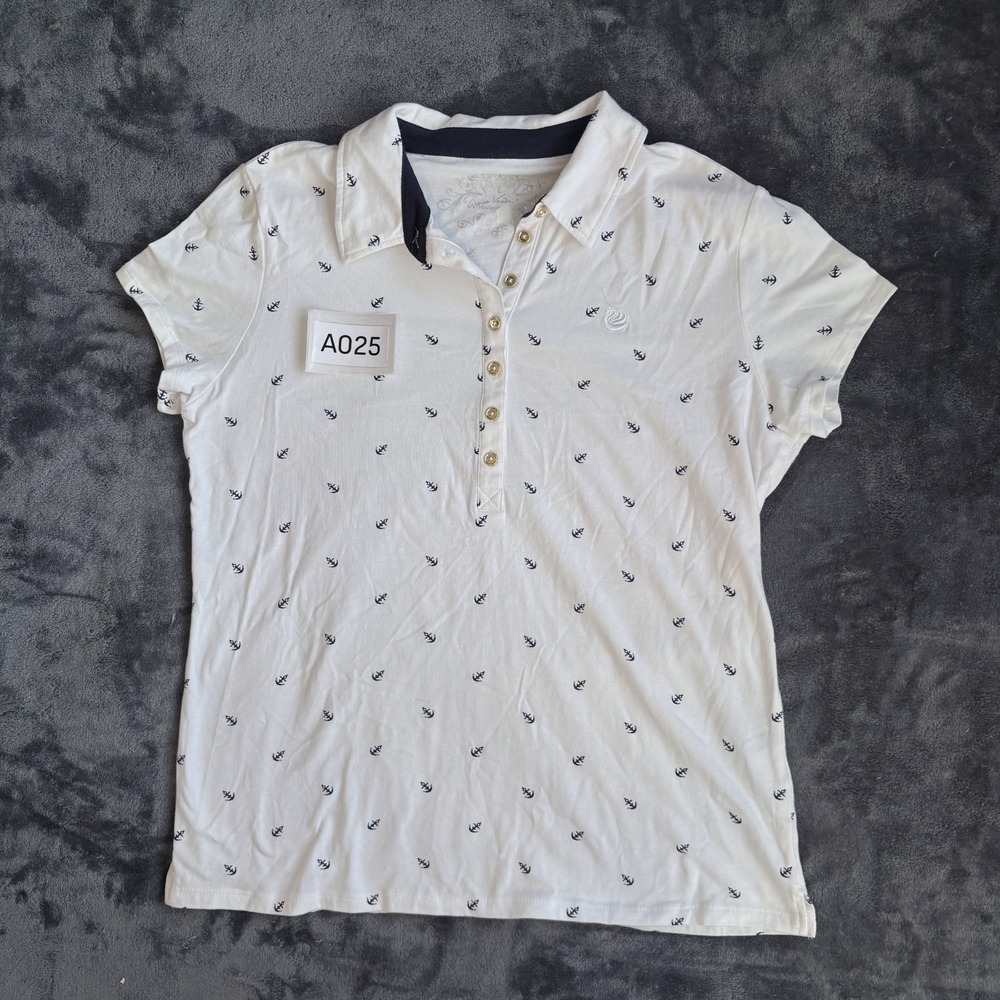 Gloria Vanderbilt Anchor Polo Shirt Women White Navy L Short Sleeve Nautical